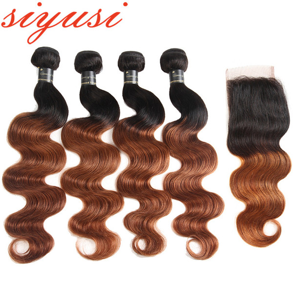 Virgin Brazilian Hair Bundles With Lace Closure Ombre 1B/30# and 1b/27# Human Hair Body Wave Remy Hair Extensions With Closure