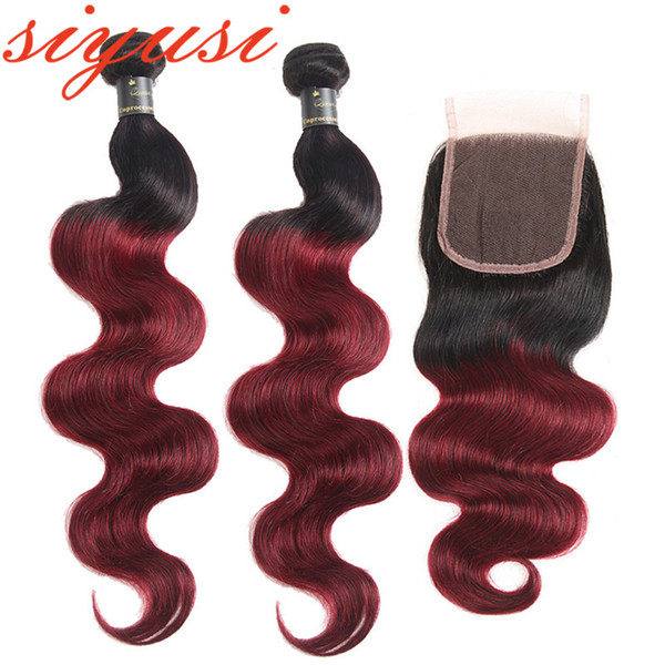 Ombre Body Wave Human Hair Bundles With Closure 1b/99j Red Brazilian Human Hair Weave 3 Bundles With Closure Remy Peruvian Virgin Hair