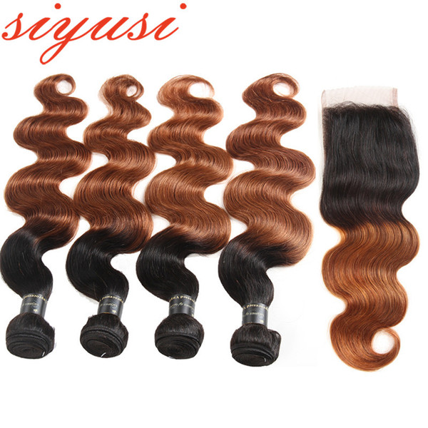 Siyusi Hair T1B/30 Ombre Peruvian Virgin Hair Bundles With Closure Peruvian Body Wave Remy Human Hair 3/4 Bundles with Lace Closure