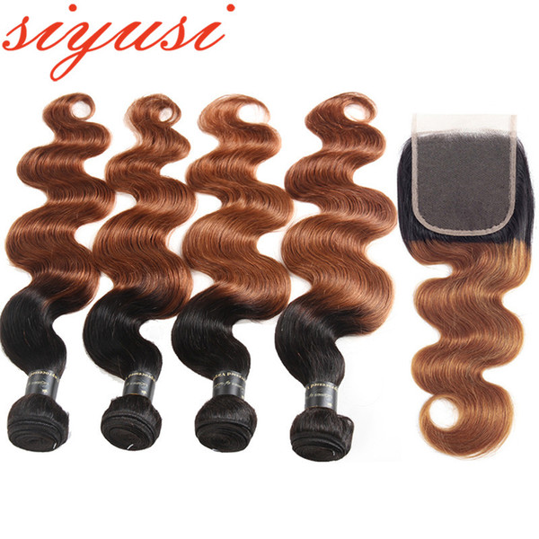 9A Unprocessed Ombre Peruvian Human Hair Weave 3 Bundles With Closure Body Wave 1B/30 4x4 Free Part Lace Closure