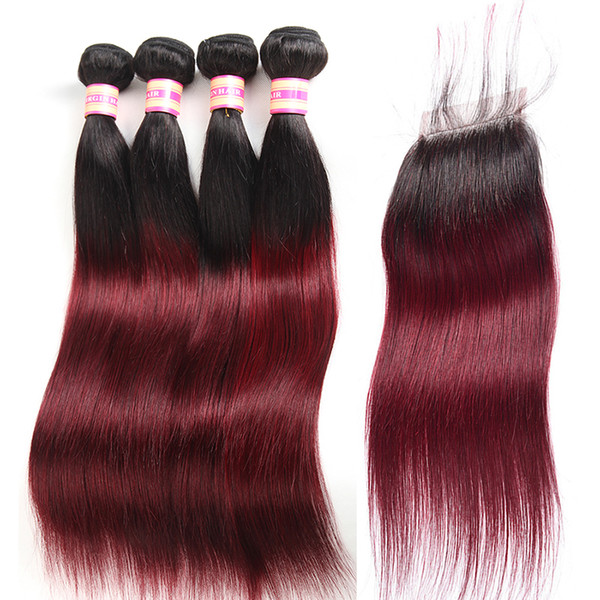 Pre-Colored Ombre Indian Virgin Hair 3 Bundles With Lace Closure 1B/ 99J Indian Straight Weave Human Hair Bundle With Closure