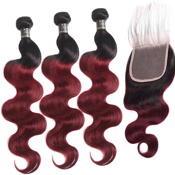 Ombre Peruvian Body Wave Virgin Hair Bundles With Closure 3 Bundles With Lace Closure Dark Roots T1B/99j Human Hair