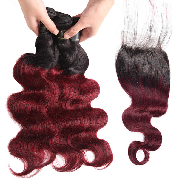 Ombre Peruvian Human Hair 3/4 Bundles With Closure T1B/99J Body Wave Hair Extensions Black To Red Wine Color Hair Weft