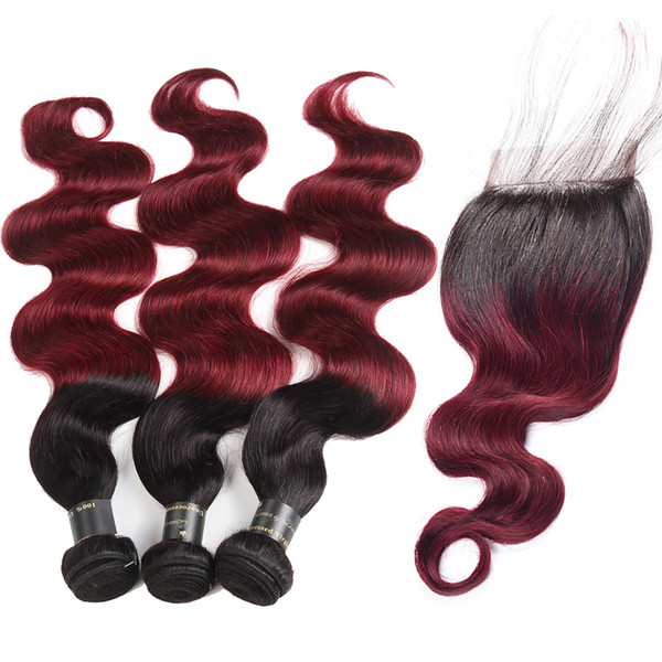 Pre-Colored 1b/99j Malaysian Body Wave 3/4 Bundles With Closure Red Ombre Human Hair Bundles With Closure 100% Human Hair