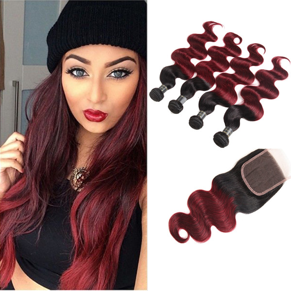 Ombre Brazilian Virgin Hair Bundles With Closure Burgundy Brazilian Body Wave Hair Weaves 1B/99J Ombre Human Hair Bundles with Closure