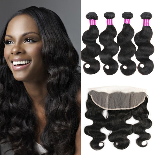 Brazilian Indian Malaysian Virgin Hair Body Wave With 13x4 Full Lace Frontal Closure Natural Color 9A Remy Human Hair Weave With Closure