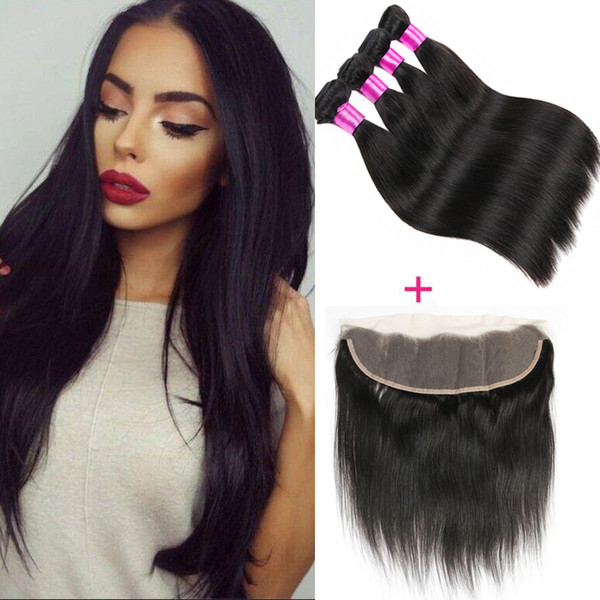 Brazilian Straight Virgin Hair 3/4 Bundles Wefts With 13X4 Ear to Ear Lace Frontal Closure Cheaper Human Hair Extensions With Closure