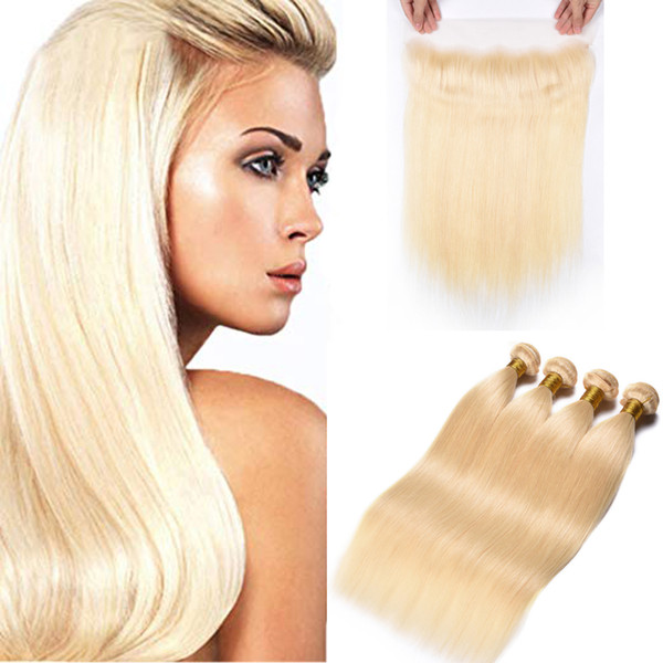 Remy Hair Blonde Color Straight 3 Bundle With 13*4 Ear to Ear Lace Frontal Closure Blonde 613# Brazilian Virgin Human Hair With Closure