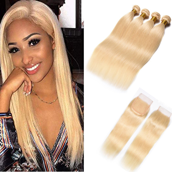 Brazilian Straight Virgin Hair Weave 3 Bundles 613 Blonde Human Hair With Closure Honey Platinum Virgin Hair With Lace Frontal Closure