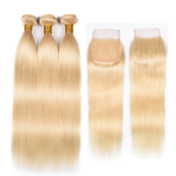 613 Blonde Virgin Hair With Closure 9A Unprocessed Human hair Straight Platinum 3pcs Blonde Virgin Hair Bundles With Lace Closure