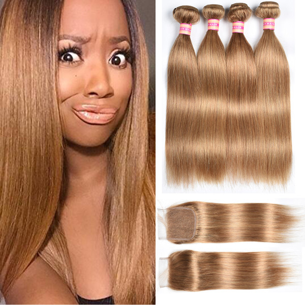 Color 27# Brazilian Virgin Straight Hair 3/4 Bundles With Closures Honey Blonde Peruvian Malaysian Unprocessed Human Hair With Lace Closure