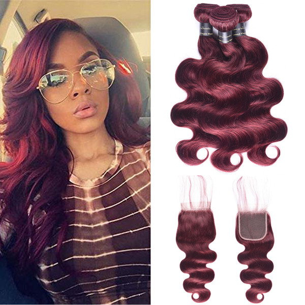 100% Human Hair Bundles With Closure 99J Red Wine Color Burmese Body Wave 3 PCS Hair Extensions With Lace Closure Grade 9A