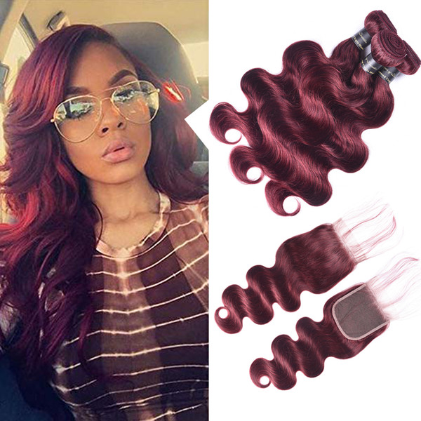 SIYUSI Hair Pre-colord Brazilian Body Wave Hair Weaving 3 Bundles With Closure #99J Color 100% Human Hair Extension With Closure