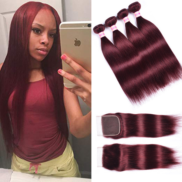 Burgundy Brazilian Straight Human Hair Bundles With Closure 99J Red Brazilian Virgin Hair With Closure 9a Unprocessed Virgin Hair Weaves