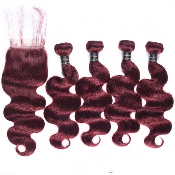 Pre-colored Body Wave Peruvian Hair Bundles With Closure Red Wine 99j 3/4 Bundles Peruvian Human Hair Weave With Closures Burgundy