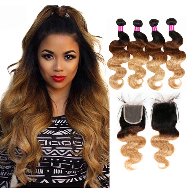 Ombre Malaysian Virgin Hair Body Wave Blonde Lace Closure With Bundles Blonde Human Hair Bundles With Closure 1B/27 1B/4/27