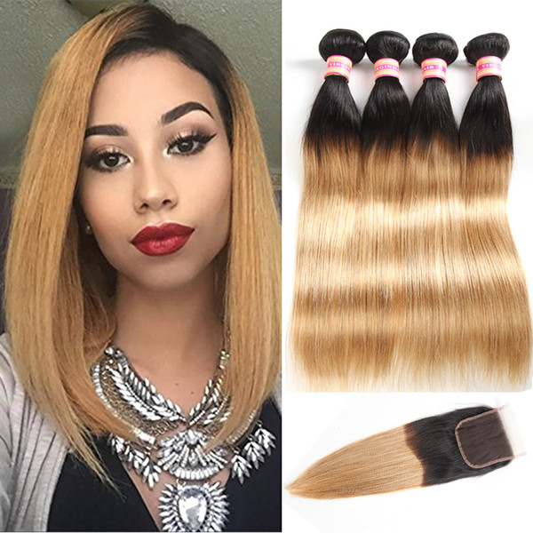 Ombre Brazilian Straight Hair With Closure 1B/27 1B/4/27 Blonde Human Hair Bundles Brazilian Virgin Hair Bundles With Closure