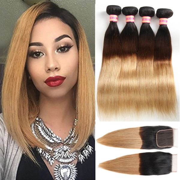 Ombre Hair With Closure Dark Root Honey Blonde Human Hair Bundles Brazilian Virgin Straight Hair Bundles With Closure 1B/27 1B/4/27