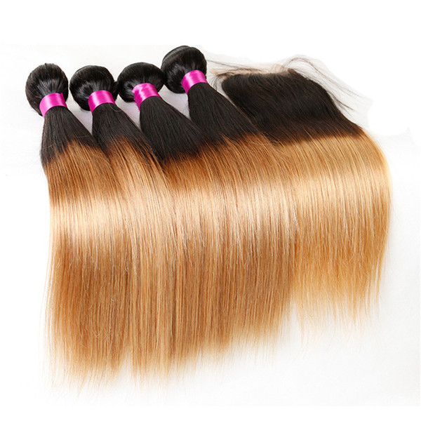 Ombre Brazilian Hair Bundles With Closure Blonde Brazilian Virgin Human Hair Extensions 1B/4/27 1B/27 Ombre Straight Hair And Closure