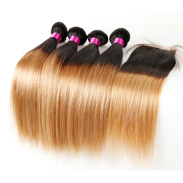 Ombre Peruvian Hair Bundles With Closure Blonde Peruvian Virgin Human Hair Extensions 1B/4/27 1B/27 Ombre Straight Hair And Closure