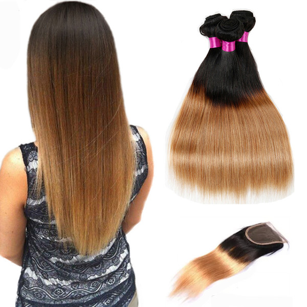 Raw Indian Virgin Straight Hair Bundles With Closure Blonde Lace Closure With Bundles 1B/27 1B/4/27 Ombre Human Hair With Closure