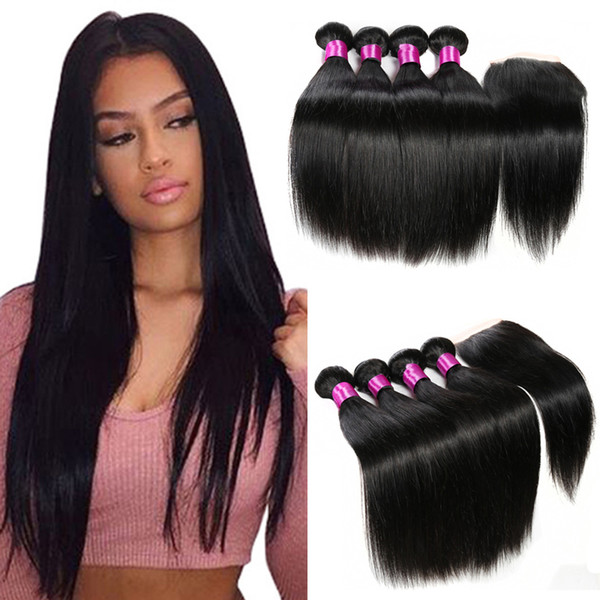 Malaysian Peruvian Indian Brazilian Virgin Straight Hair Weaves 3 OR 4 Bundles With Closure Human Hair Bundles With Lace Closure