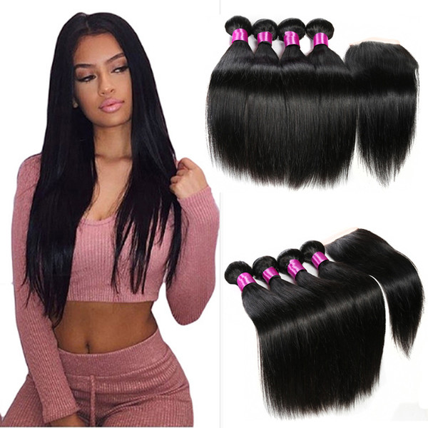 Brazilian Virgin Hair Extensions Mongolian Indian Malaysian Peruvian Straight Hair Bundles With Closure Human Hair Wefts With Closure