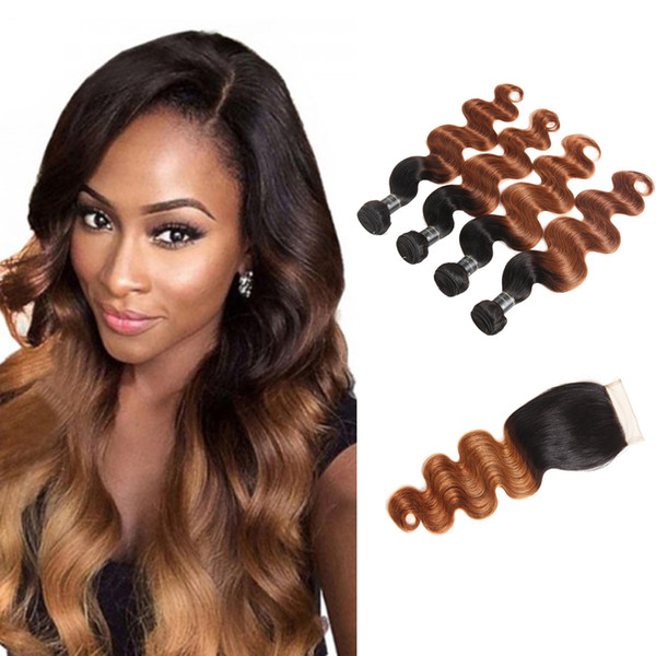 Ombre Brazilian Virgin Hair 3/4 Bundles With Closure Brazilian Body Wave Hair Weaves 1B/30 1B/99J Human Hair Wefts With Closure