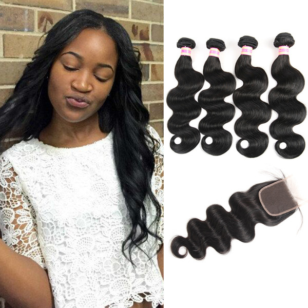 Cambodian Human Hair Bundles With Free Middle 3 Part Closure 9A Body Wave Virgin Hair With Lace Closure Dyeable Human Hair Weave