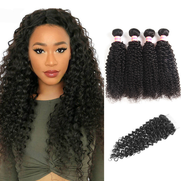 Indian Virgin Hair With Closure Deep Wave Water Wave Kinky Curly Hair Loose Wave Human Hair Extensions 3 or 4 Bundles With Closure