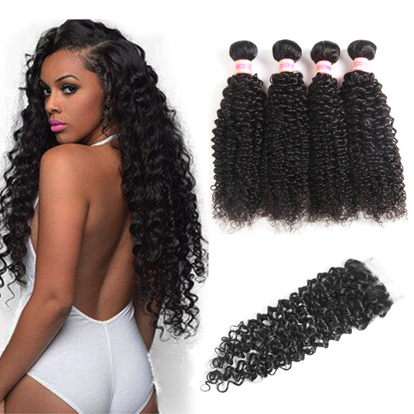 9A Peruvian Virgin Hair With Closure Deep Wave Water Wave Kinky Curly Hair Loose Wave Human Hair Lace Closure 4 Bundles With Closure