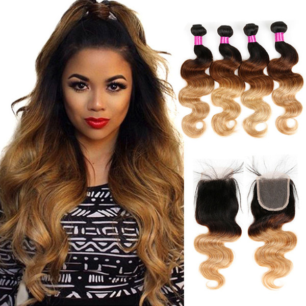 Blonde Brazilian Virgin Hair With Lace Closure Brazilian Body Wave Human Hair Bundles With Closure Ombre Human Hair 1B/4/27