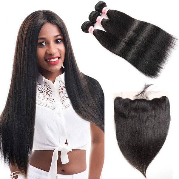 Ear to Ear Lace Frontal Closure With Bundles Brazilian Virgin Hair Straight With 13*4 Closure 3 Bundles With Frontal Closure