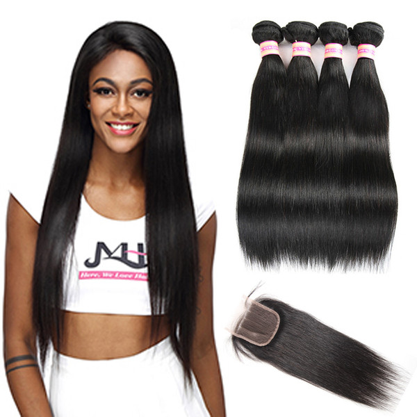 Peruvian Malaysian Indian Brazilian Virgin Straight Hair With Lace Closure Unprocessed Human Hair With Closure 3/4 Bundles With Closure