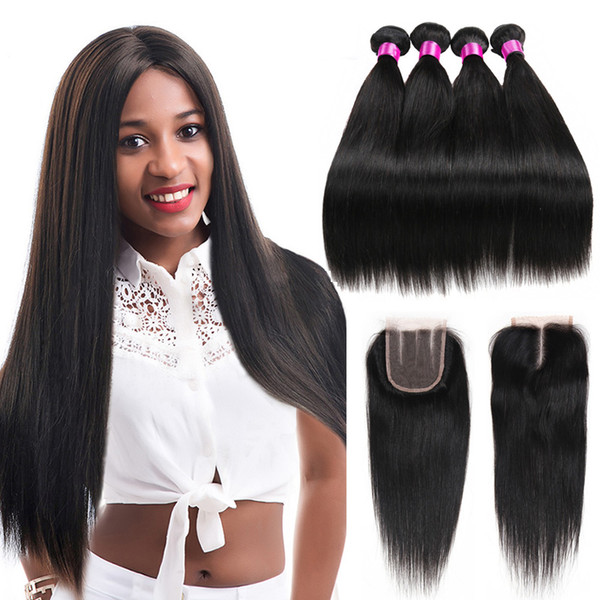 Peruvian Malaysian Indian Brazilian Virgin Straight Hair Weaves Bundles With Closure 8A Human Hair Bundle With Lace Closure