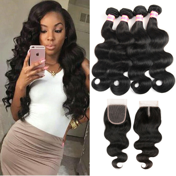 Brazilian body wave hair weaves bundles with closure Brazilian virgin hair with human hair 4*4 lace closure Natural Color Extensions