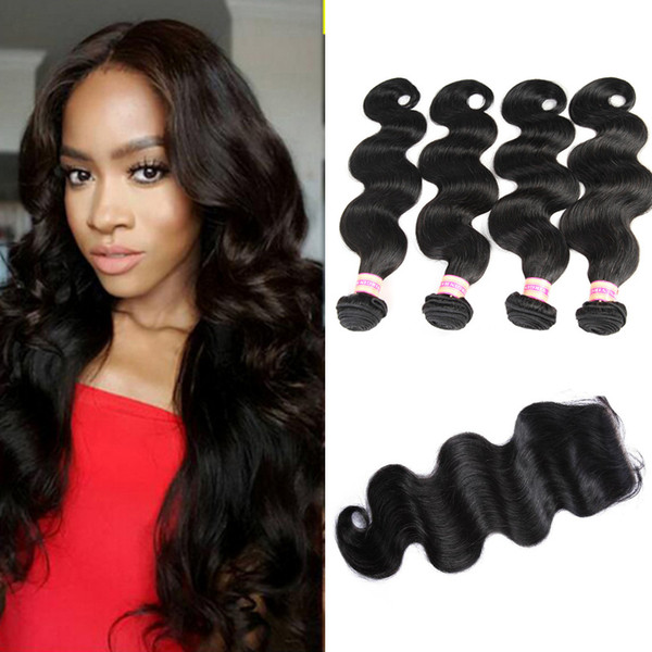 Peruvian body wave hair weaves 3 4 bundles with closure Peruvian virgin hair with human hair 4*4 lace closure Natural Color Extensions