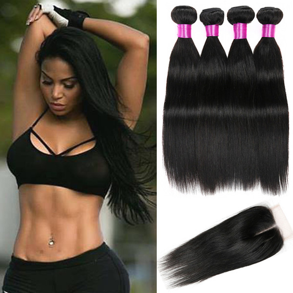 Peruvian Virgin Straight Hair With Closure All Human Hair Bundles With Closure Straight Peruvian Hair Lace Closure