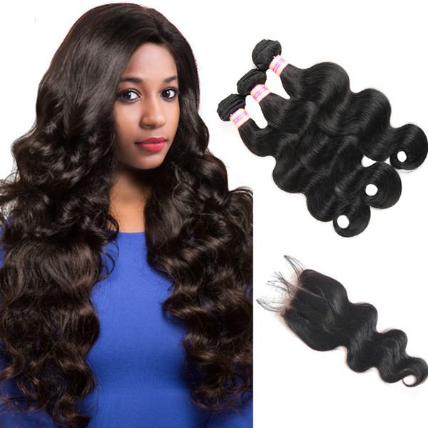 Grade 8A Unprocessed Brazilian Virgin Hair With Closure Human Hair Bundles With Closure Body Wave Hair Weaves Extensions