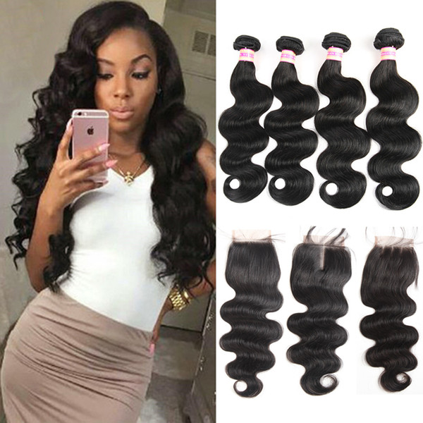 Brazilian Body Wave Human Hair With Lace Closure Unprocessed Virgin Hair Weaves With Closure Peruvian Hair Bundles With Closure