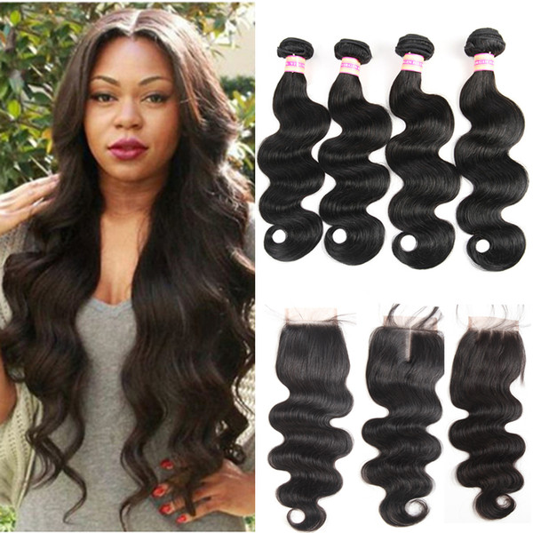 Peruvian Hair Bundles With Closure Mongolian Malaysian Indian Brazilian Body Wave Human Hair Lace Closure 9A Virgin Hair With Closure