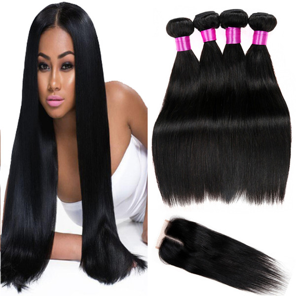 Brazilian Straight Human Hair With Lace Closure Unprocessed Virgin Hair With Closure Natural Color Peruvian Hair Bundles With Closure