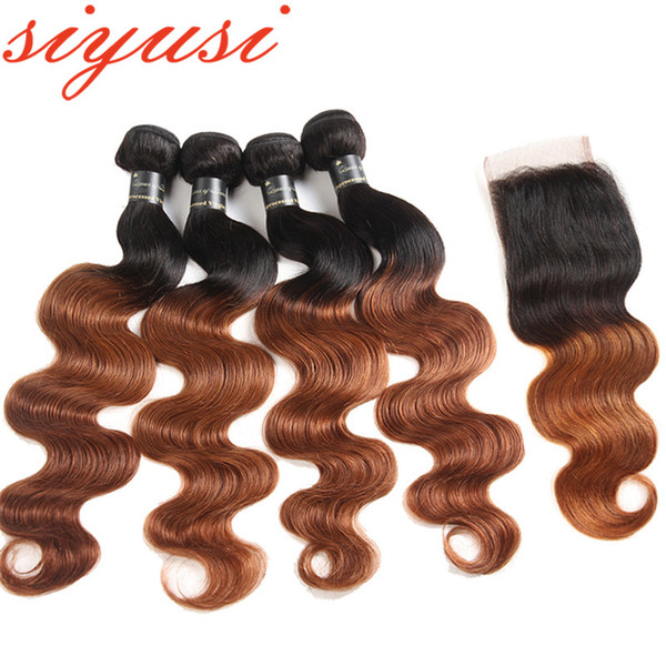 Ombre Brazilian Hair Weave Bundles With Closure 1B/30 And 1b/27 Blonde Human Hair Brazilian Body Wave Virgin Hair Bundles With Closure