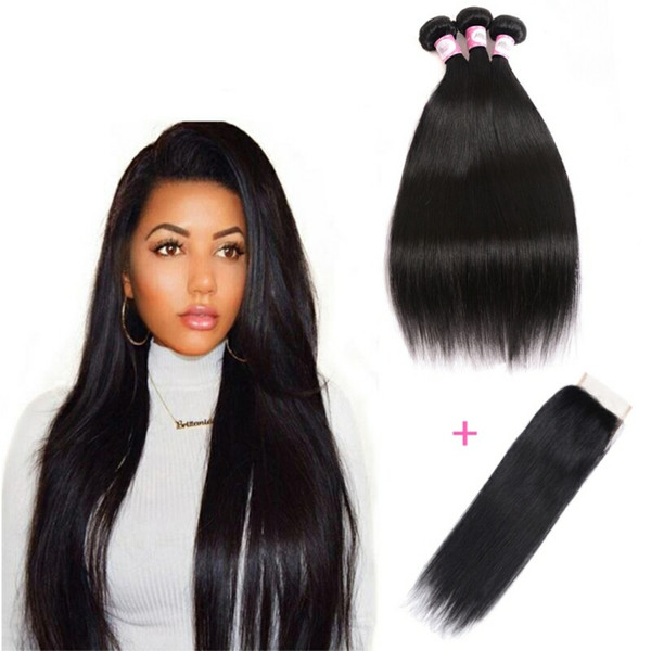 Brazilian Straight Hair With Closure 8A Brazilian Virgin Human Hair 3 Bundles With Lace Closure 4x4 Brazilian lace closure with Bundles