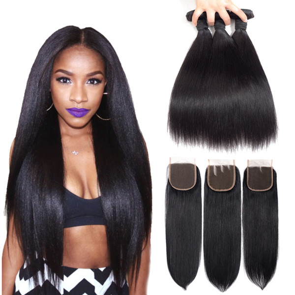 9A Brazilian Virgin Hair Straight Unprocessed Human Hair Peruvian Malaysian Indian Cambodian Body Wave Straight 3 Bundles with Closure