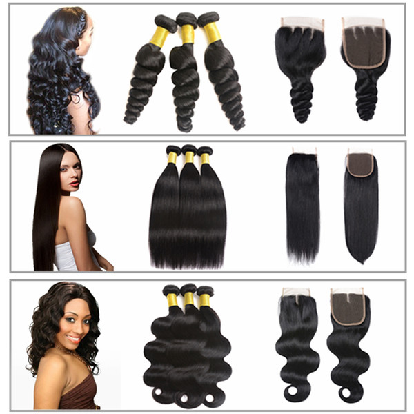 9A Brazilian Human Hair Weaves 3 Bundles With 4x4 Lace Closure Straight Body Wave Loose Wave Deep Wave Kinky Curly Hair Wefts With Closure