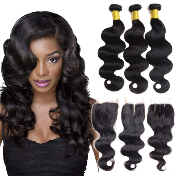 Brazilian Virgin Hair With Closure Extensions 3 Bundles Brazilian Body Wave Hair With 4x4 Lace Closure Unprocessed Remy Human Hair Weave