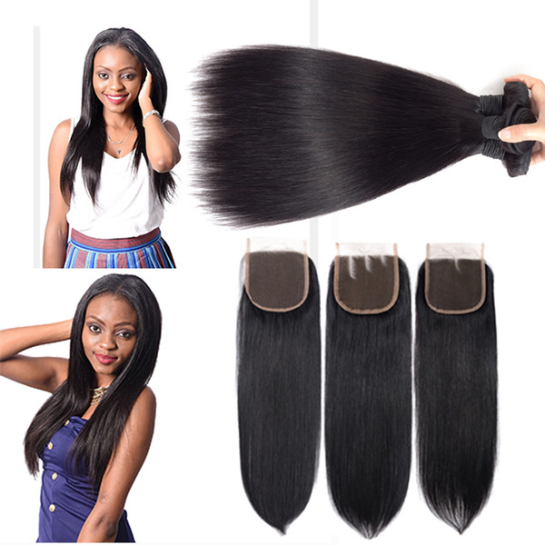 Indian Straight Wave 3 Bundles with Closure 100% Unprocessed Raw Indian Virgin hair Loose Deep with 4