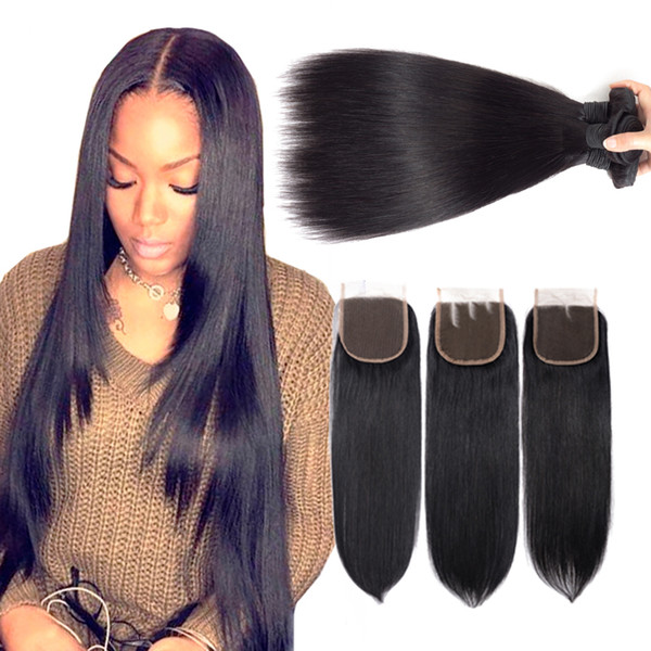 8A Peruvian Straight Human Hair Bundles with Closure Peruvian Virgin Hair With 4x4 Lace Closure Peruvian Malaysian Indian Hair Bundles