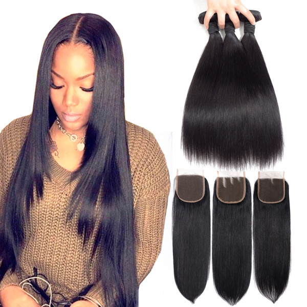 Straight Lace Closure With Hair Bundles 8A Peruvian Virgin Human Hair Straight 3Pcs Peruvian Straight Human Hair Weave With 4x4 Lace Closure